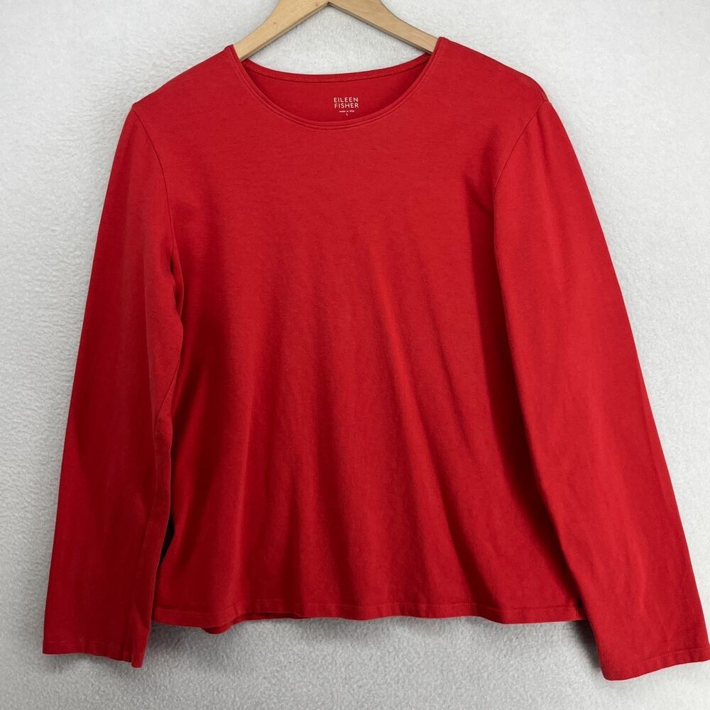 EILEEN FISHER Top L Stretch Organic Cotton Ribbed Jersey Long Sleeve Red USA